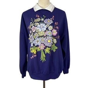 Vintage Grandmacore Land'n Sea Floral Embroidered Collar Sweatshirt Purple Large